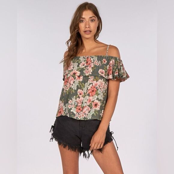 Billabong Tops - Billabong Summer Sunsets Crinkle Floral Ruffle Off Shoulder Blouse Top M